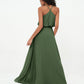 Vestidos de dama de honor de chiffon con tirantes spaghetti y escote en V Verde Oliva