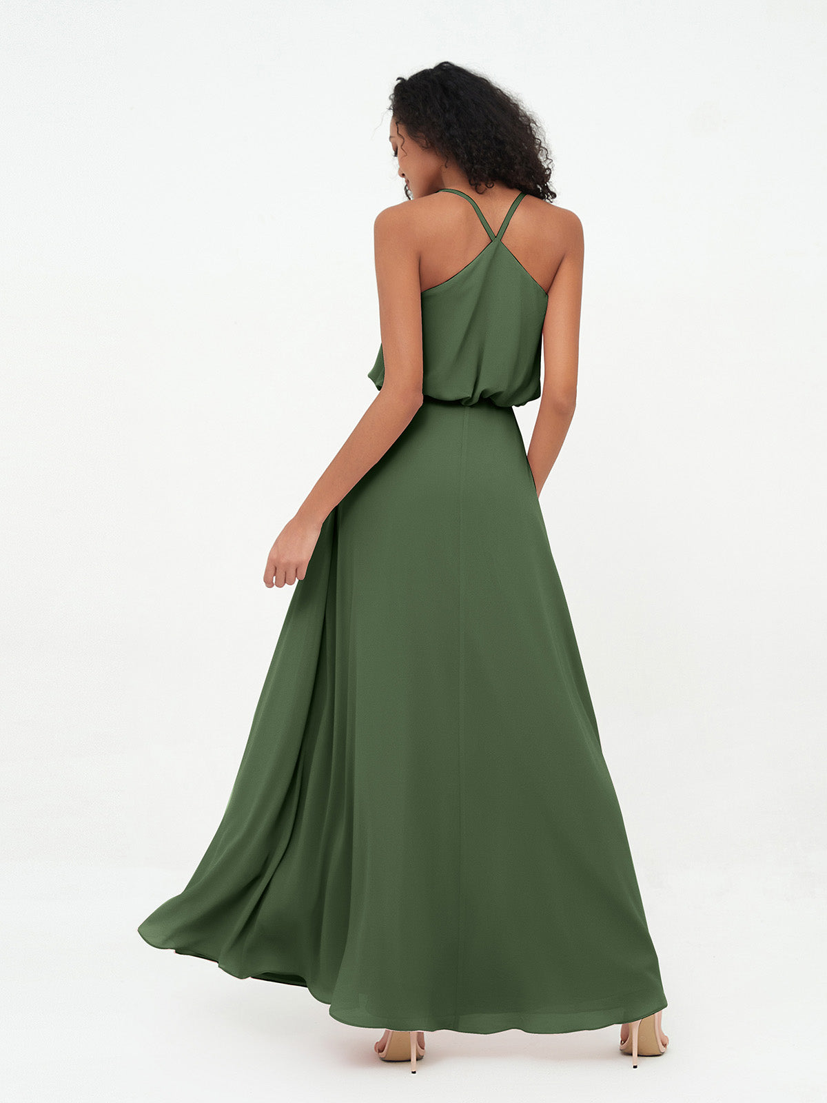 Vestidos de dama de honor de chiffon con tirantes spaghetti y escote en V Verde Oliva
