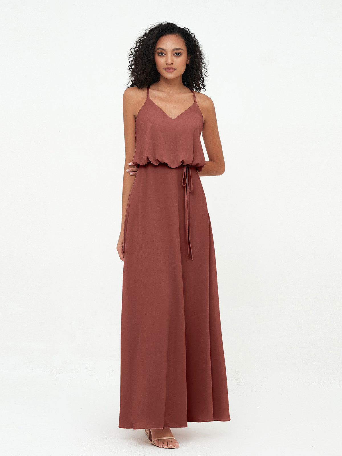 Vestidos de dama de honor de chiffon con tirantes spaghetti y escote en V Terracota