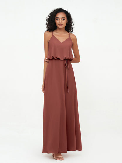 Vestidos de dama de honor de chiffon con tirantes spaghetti y escote en V Terracota