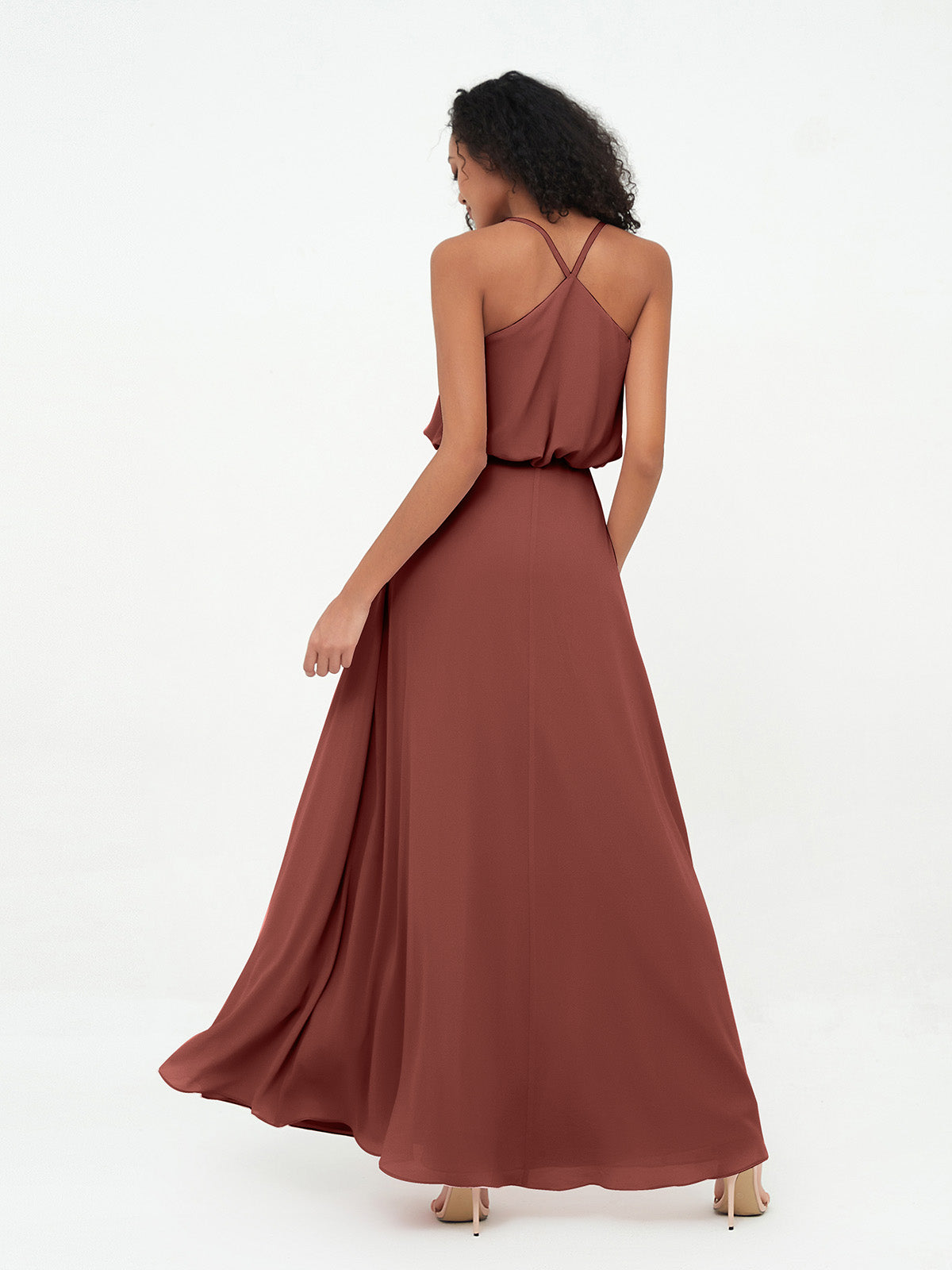 Vestidos de dama de honor de chiffon con tirantes spaghetti y escote en V Terracota