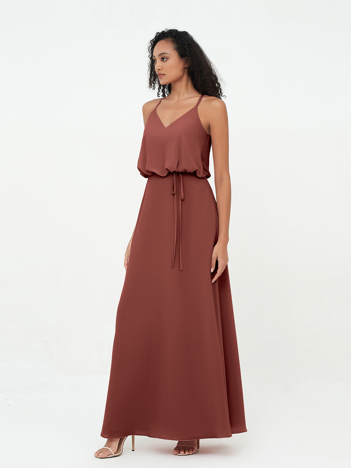 Vestidos de dama de honor de chiffon con tirantes spaghetti y escote en V Terracota Tallas Grandes