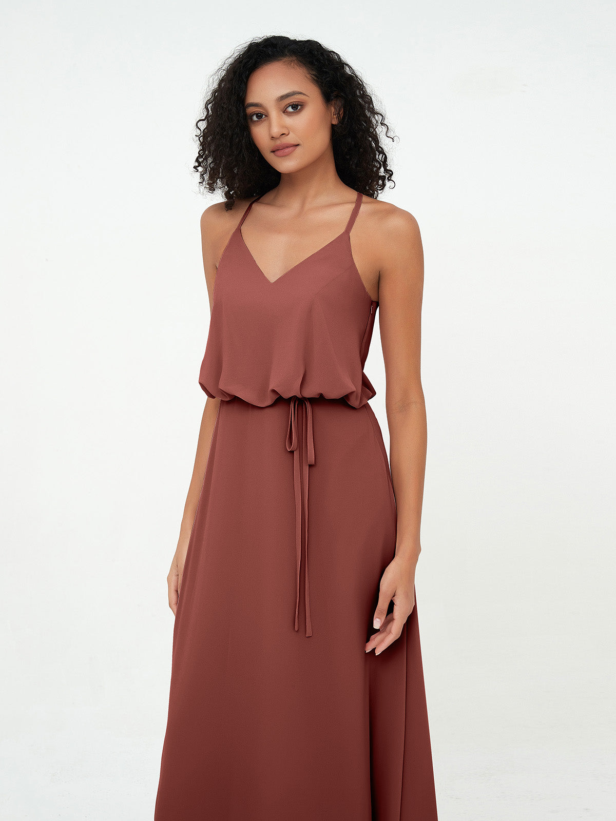 Vestidos de dama de honor de chiffon con tirantes spaghetti y escote en V Terracota Tallas Grandes