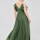 Vestidos de chiffon con tirantes finos y volantes en escote en V Verde Oliva Tallas Grandes