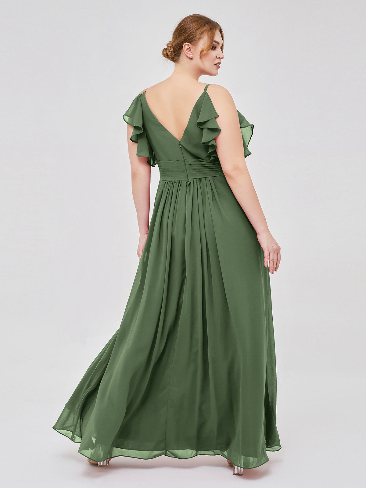 Vestidos de chiffon con tirantes finos y volantes en escote en V Verde Oliva Tallas Grandes
