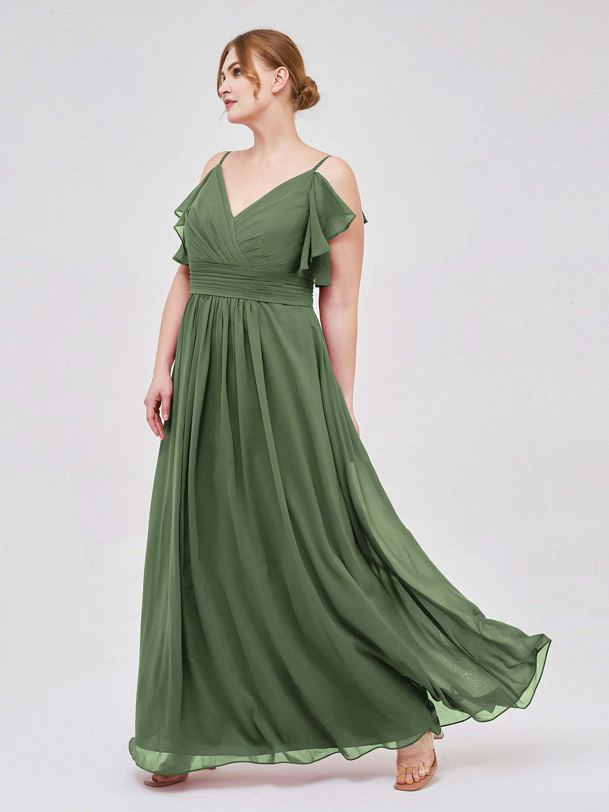 Vestidos de chiffon con tirantes finos y volantes en escote en V Verde Oliva Tallas Grandes
