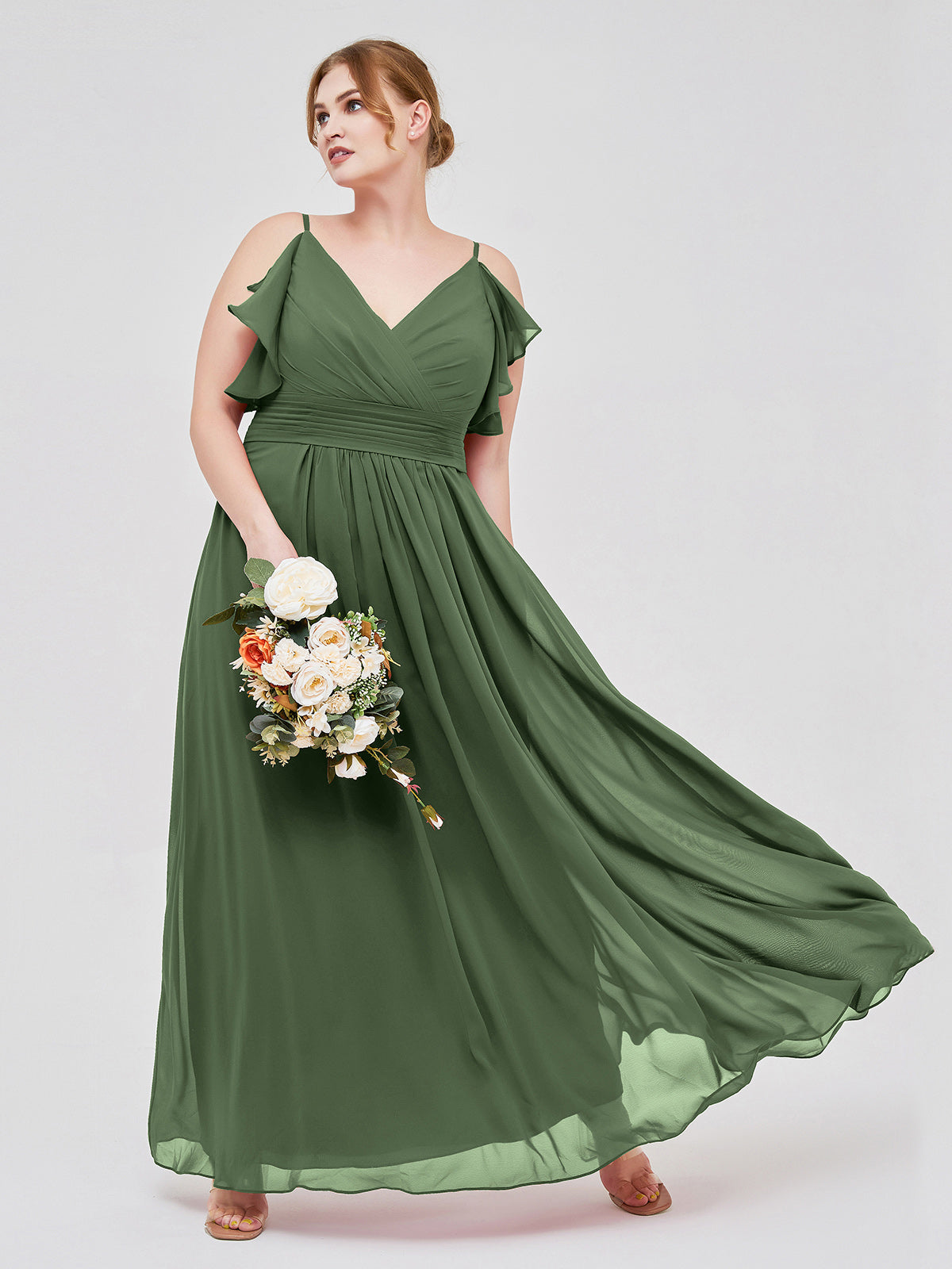 Vestidos de chiffon con tirantes finos y volantes en escote en V Verde Oliva Tallas Grandes
