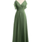 Vestidos de chiffon con tirantes finos y volantes en escote en V Verde Oliva Tallas Grandes