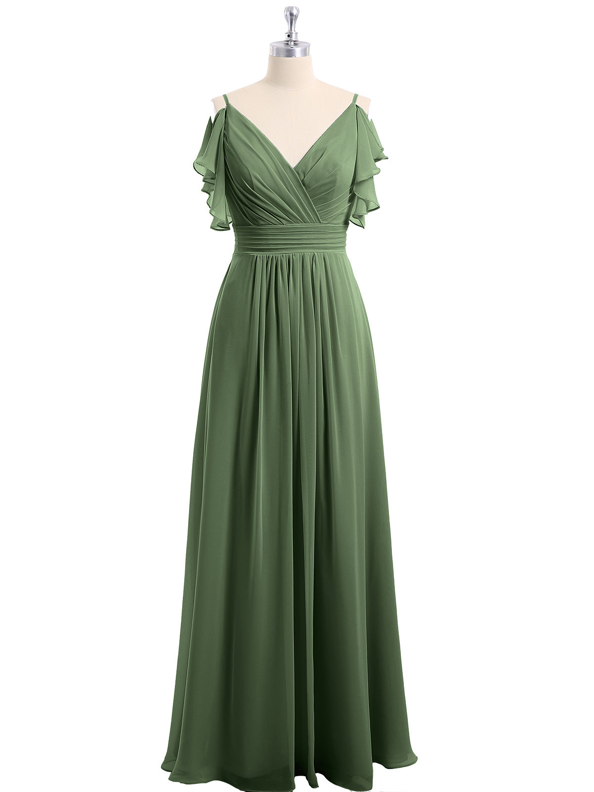 Vestidos de chiffon con tirantes finos y volantes en escote en V Verde Oliva Tallas Grandes