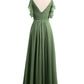 Vestidos de chiffon con tirantes finos y volantes en escote en V Verde Oliva Tallas Grandes