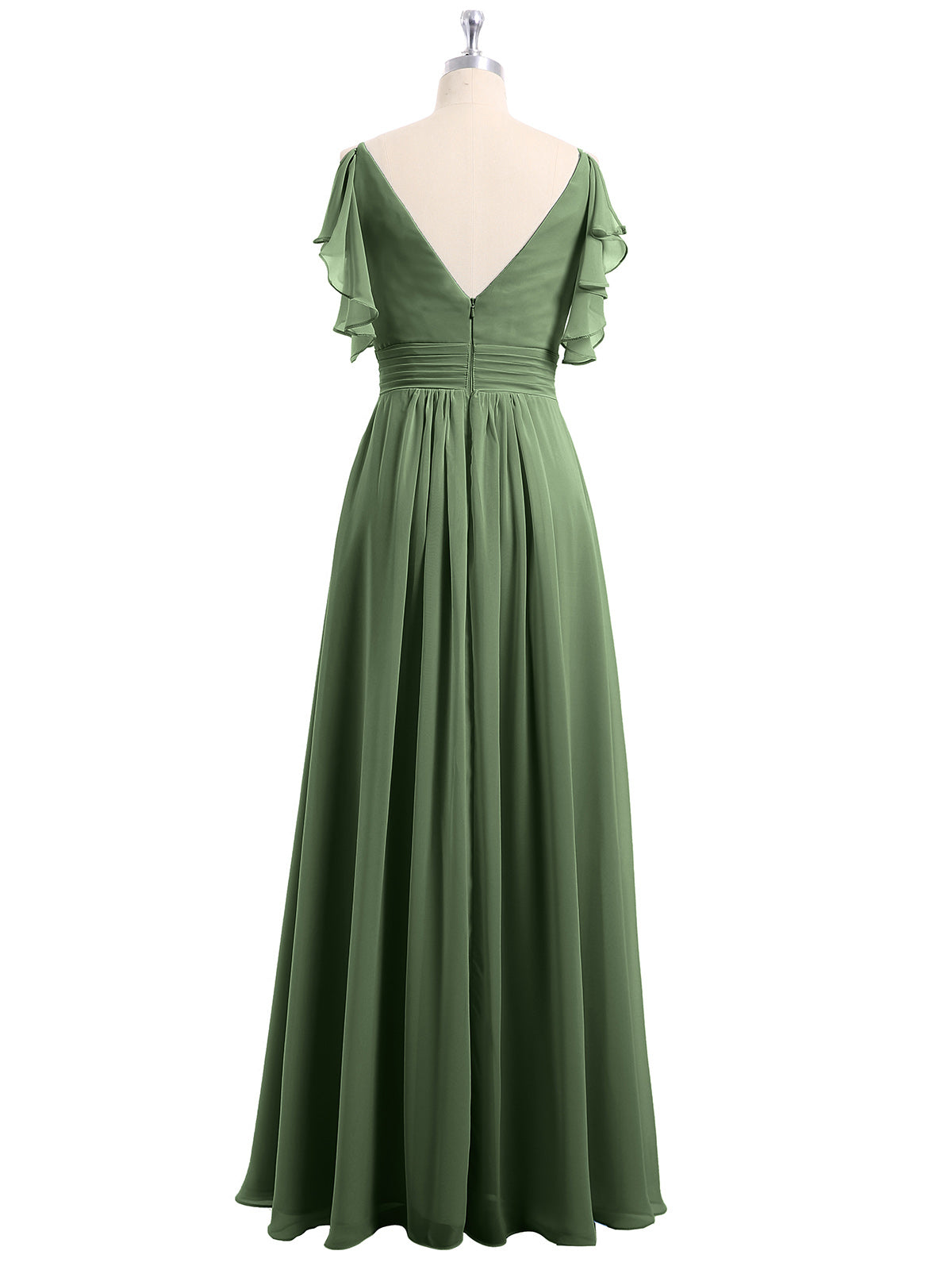 Vestidos de chiffon con tirantes finos y volantes en escote en V Verde Oliva Tallas Grandes