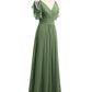 Vestidos de chiffon con tirantes finos y volantes en escote en V Verde Oliva Tallas Grandes