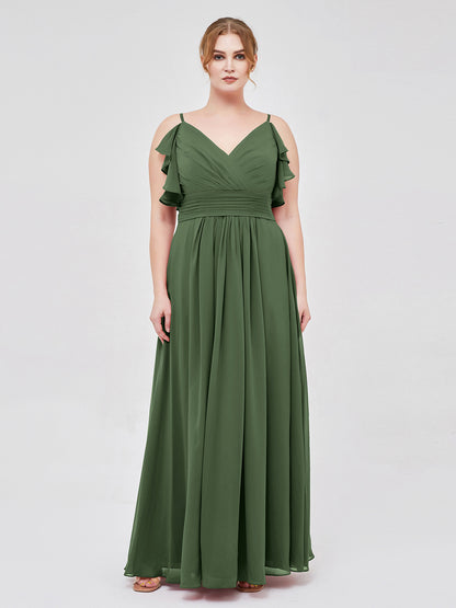 Vestidos de chiffon con tirantes finos y volantes en escote en V Verde Oliva Tallas Grandes