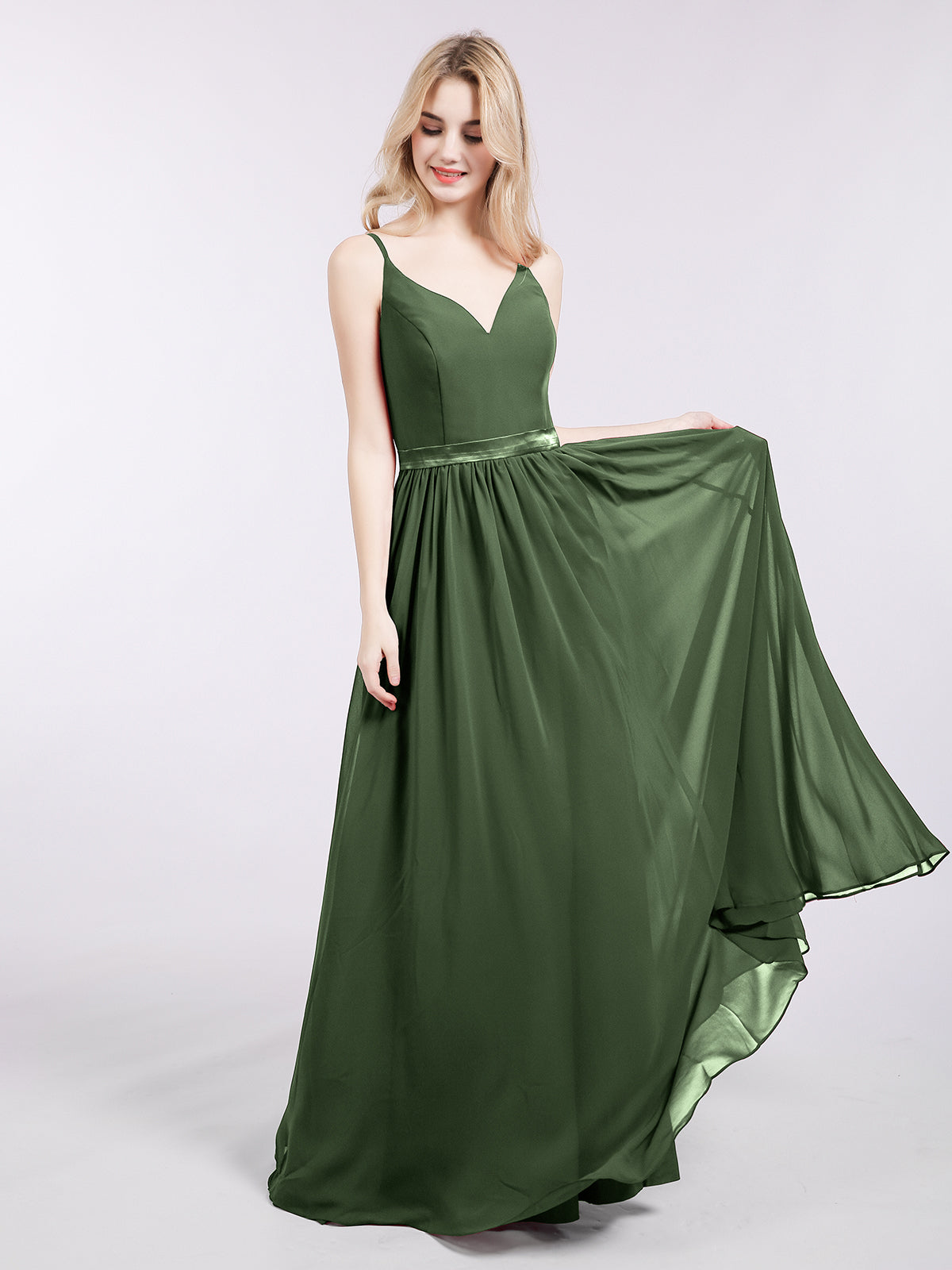 Leona Tirante Espagueti Gasa Vestido De Dama De Honor Verde Oliva