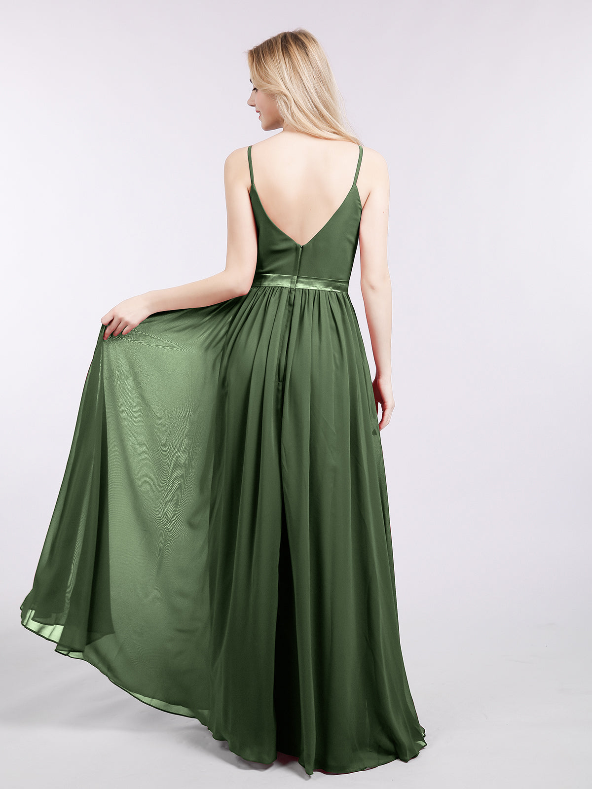 Leona Tirante Espagueti Gasa Vestido De Dama De Honor Verde Oliva