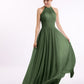 Vestidos largos de chiffon estilo halter con doble tirante Verde Oliva