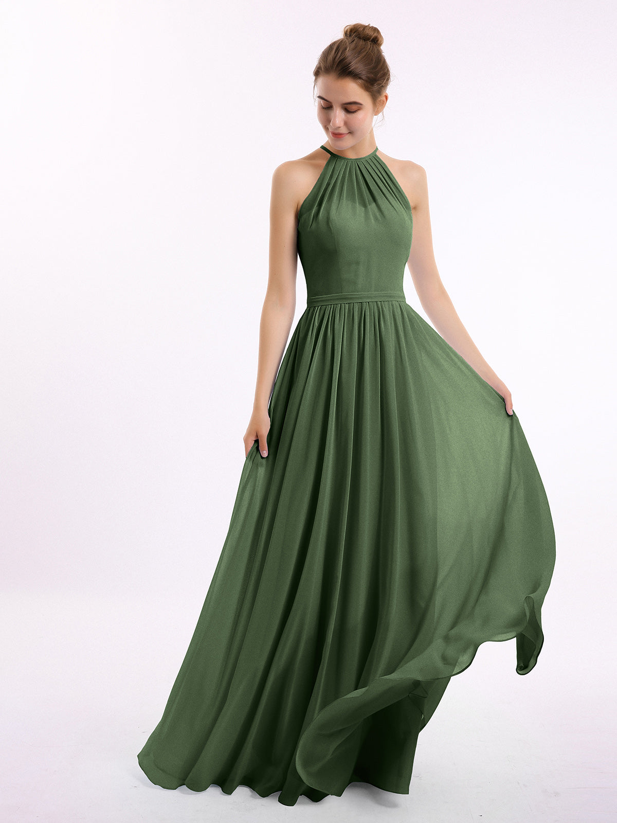 Vestidos largos de chiffon estilo halter con doble tirante Verde Oliva