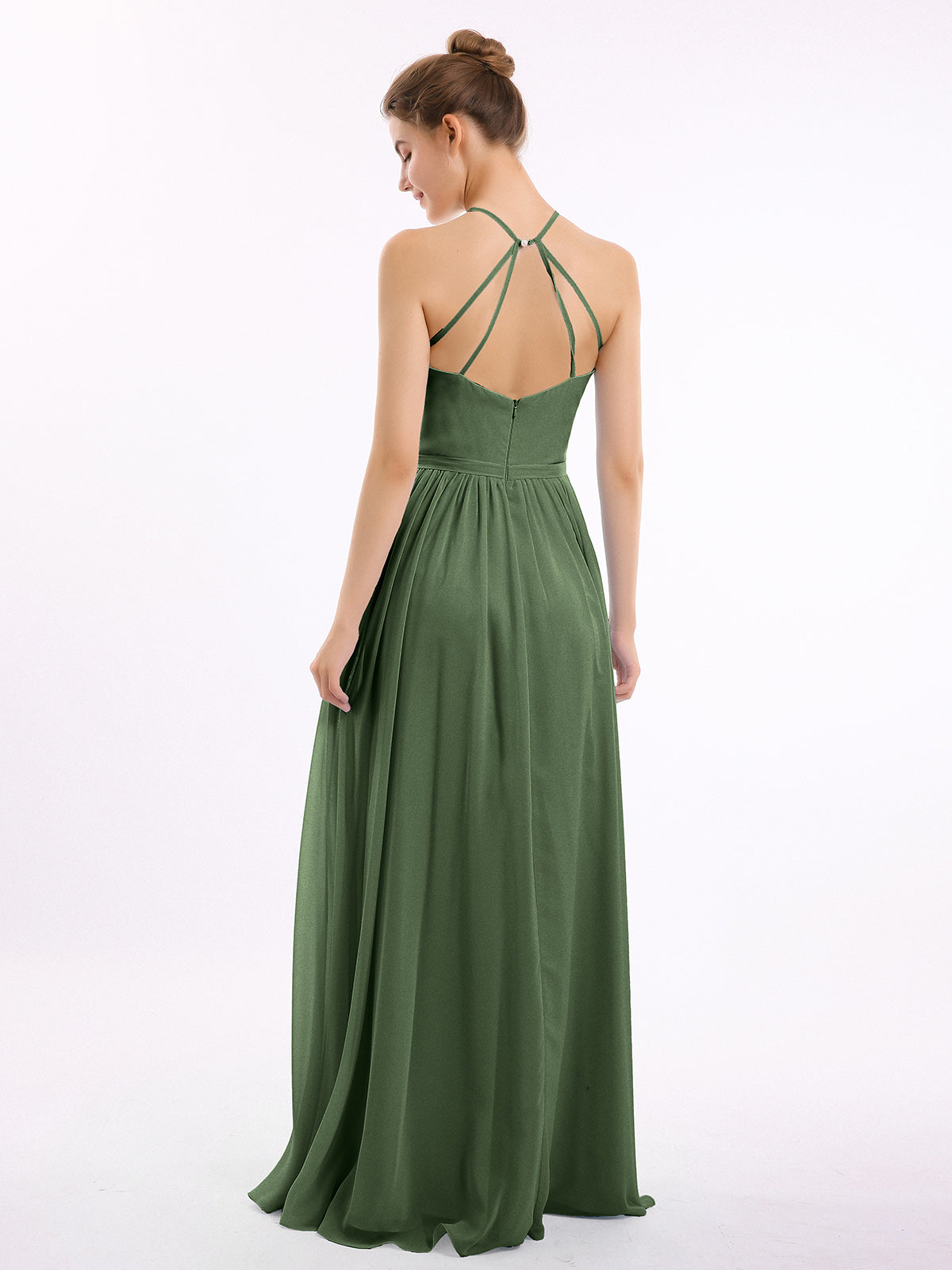 Vestidos largos de chiffon estilo halter con doble tirante Verde Oliva