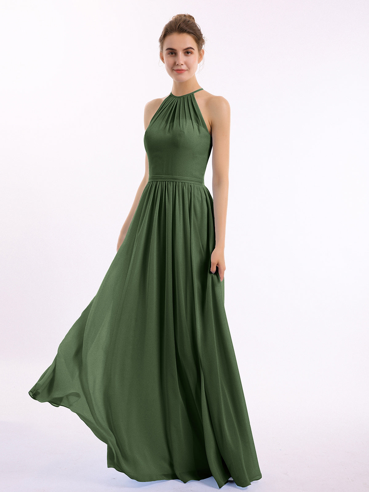 Vestidos largos de chiffon estilo halter con doble tirante Verde Oliva