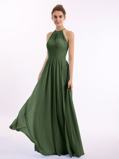 Vestidos largos de chiffon estilo halter con doble tirante Verde Oliva