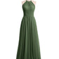 Vestidos largos de chiffon estilo halter con doble tirante Verde Oliva