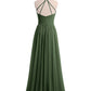 Vestidos largos de chiffon estilo halter con doble tirante Verde Oliva