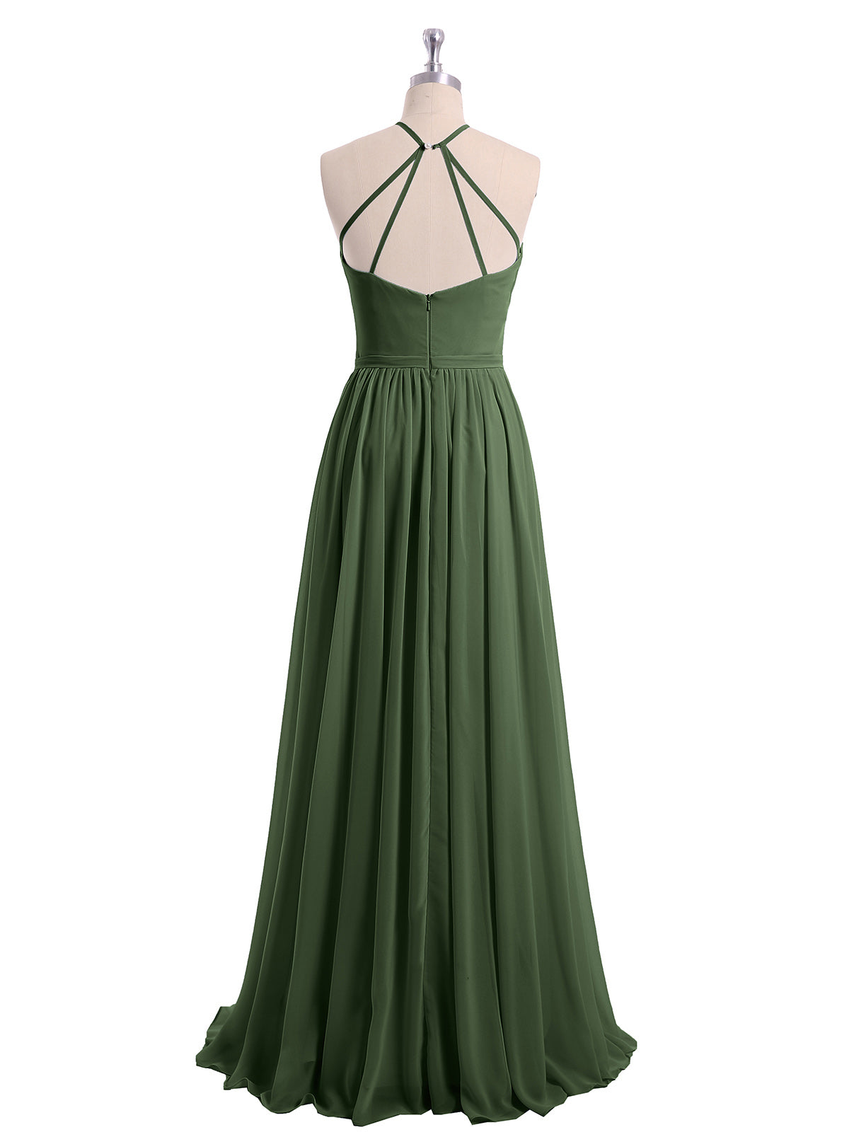 Vestidos largos de chiffon estilo halter con doble tirante Verde Oliva