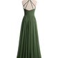 Vestidos largos de chiffon estilo halter con doble tirante Verde Oliva Tallas Grandes