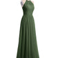 Vestidos largos de chiffon estilo halter con doble tirante Verde Oliva