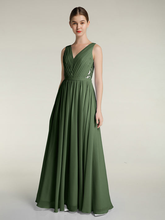 Vestidos de chiffon con escote en V y espalda de encaje Verde Oliva