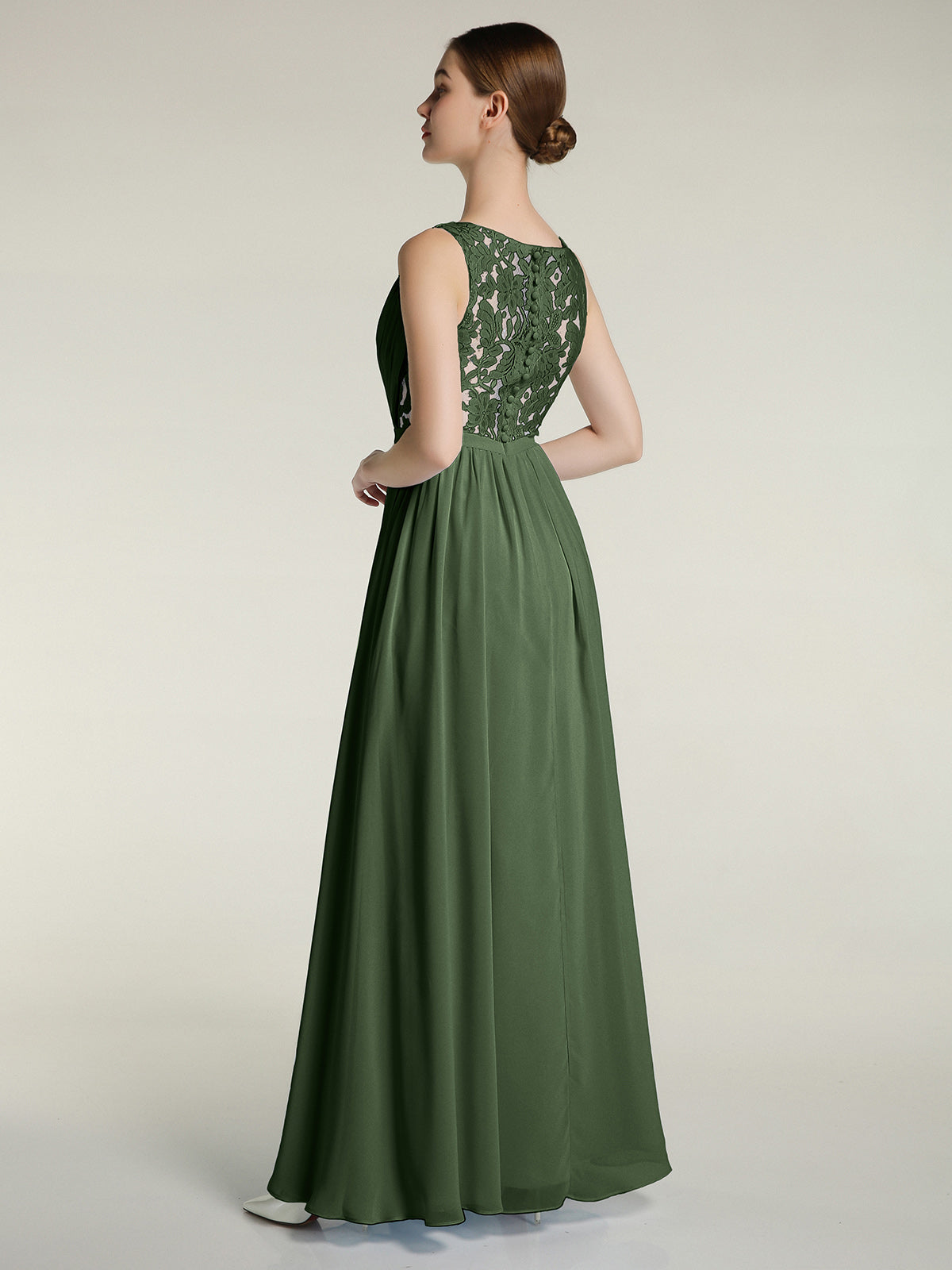 Vestidos de chiffon con escote en V y espalda de encaje Verde Oliva Tallas Grandes