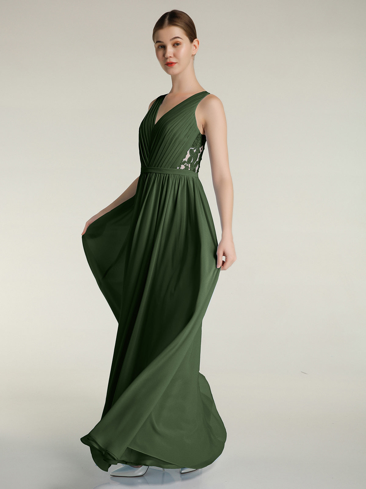 Vestidos de chiffon con escote en V y espalda de encaje Verde Oliva Tallas Grandes