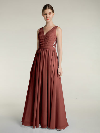 Vestidos de chiffon con escote en V y espalda de encaje Terracota