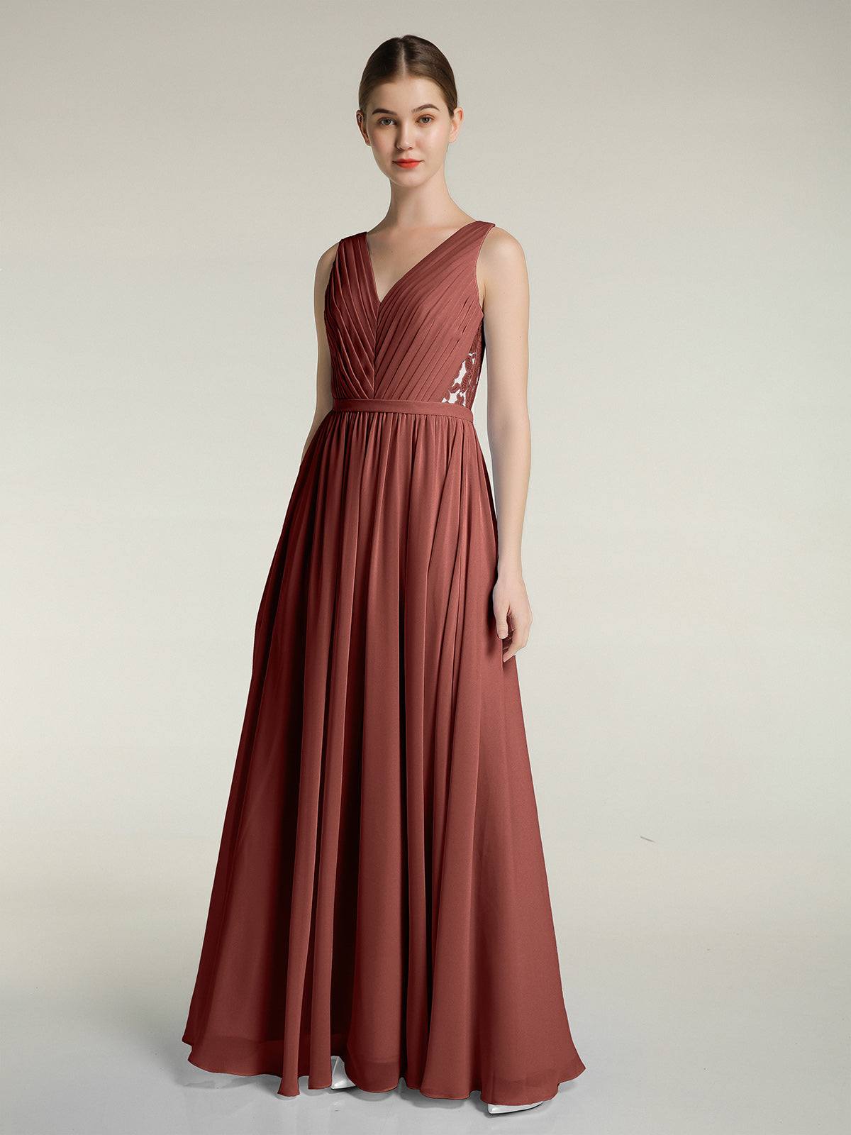 Vestidos de chiffon con escote en V y espalda de encaje Terracota Tallas Grandes