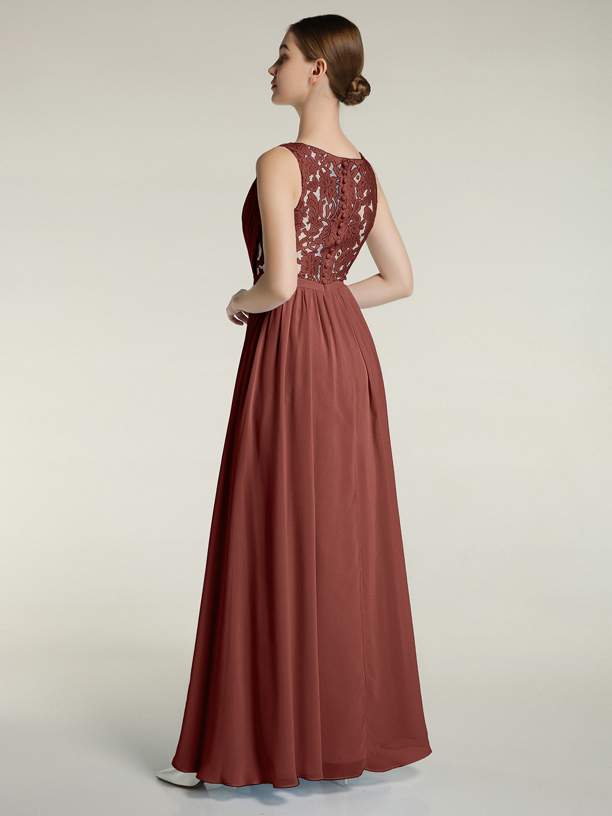 Vestidos de chiffon con escote en V y espalda de encaje Terracota Tallas Grandes