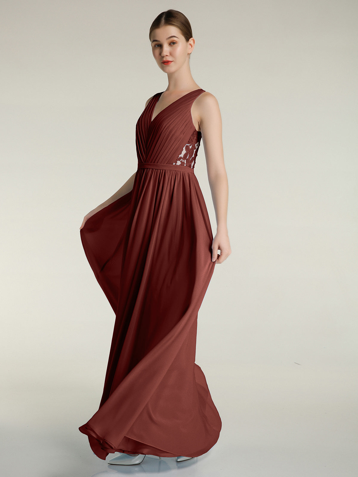 Vestidos de chiffon con escote en V y espalda de encaje Terracota