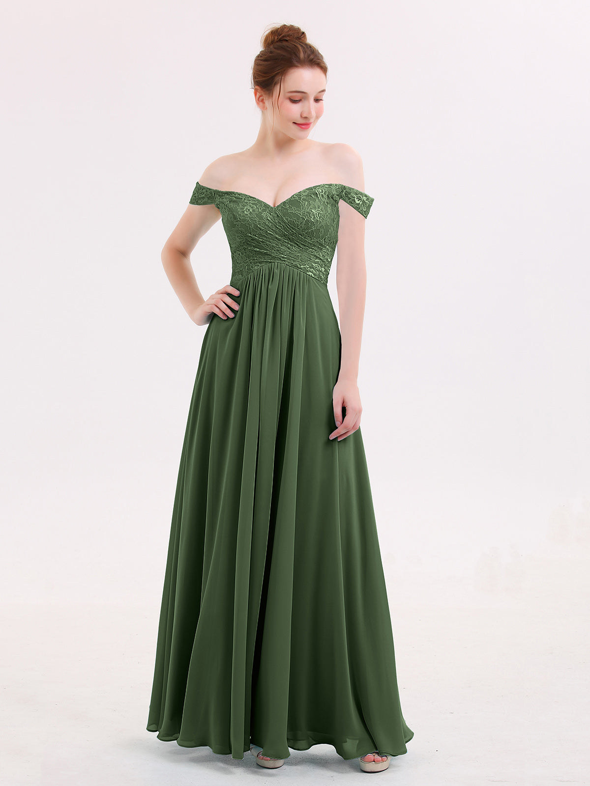 Lillian Fuera Del Hombro Gasa Y Encaje Imperial Vestido Verde Oliva