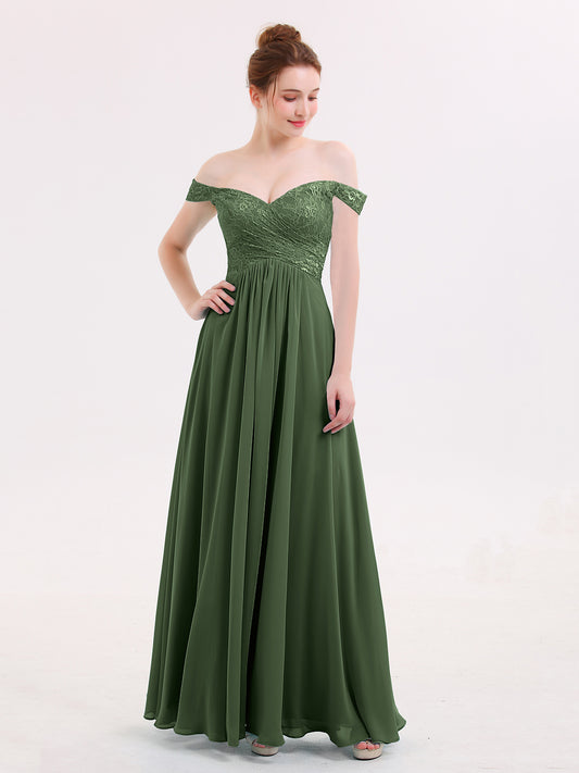 Lillian Fuera Del Hombro Gasa Y Encaje Imperial Vestido Verde Oliva Tallas Grandes