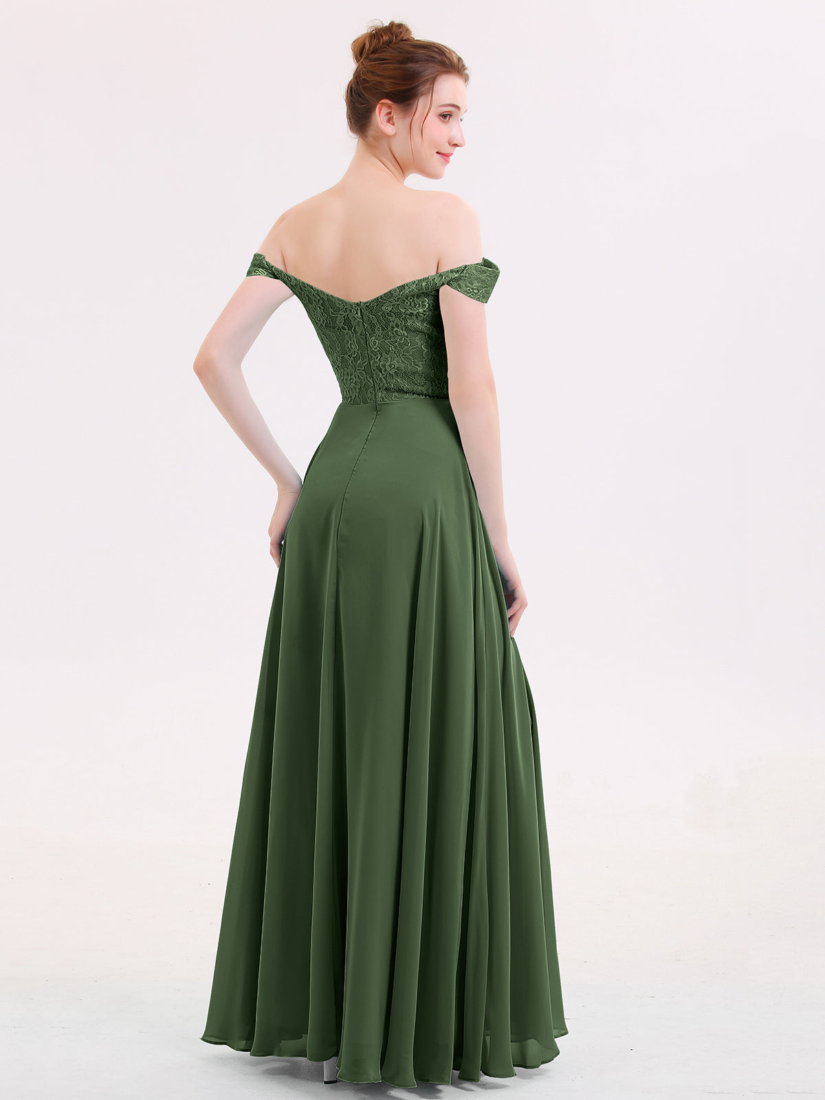 Lillian Fuera Del Hombro Gasa Y Encaje Imperial Vestido Verde Oliva Tallas Grandes