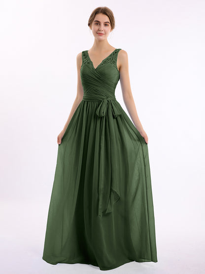 Vestidos largos de chiffon con tirantes de encaje y lazo de cinturón Verde Oliva