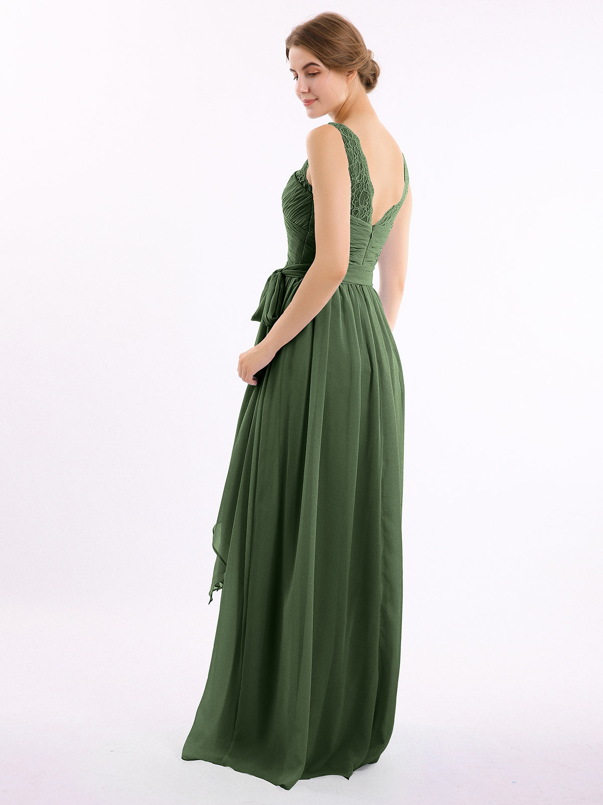 Vestidos largos de chiffon con tirantes de encaje y lazo de cinturón Verde Oliva