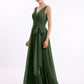 Vestidos largos de chiffon con tirantes de encaje y lazo de cinturón Verde Oliva