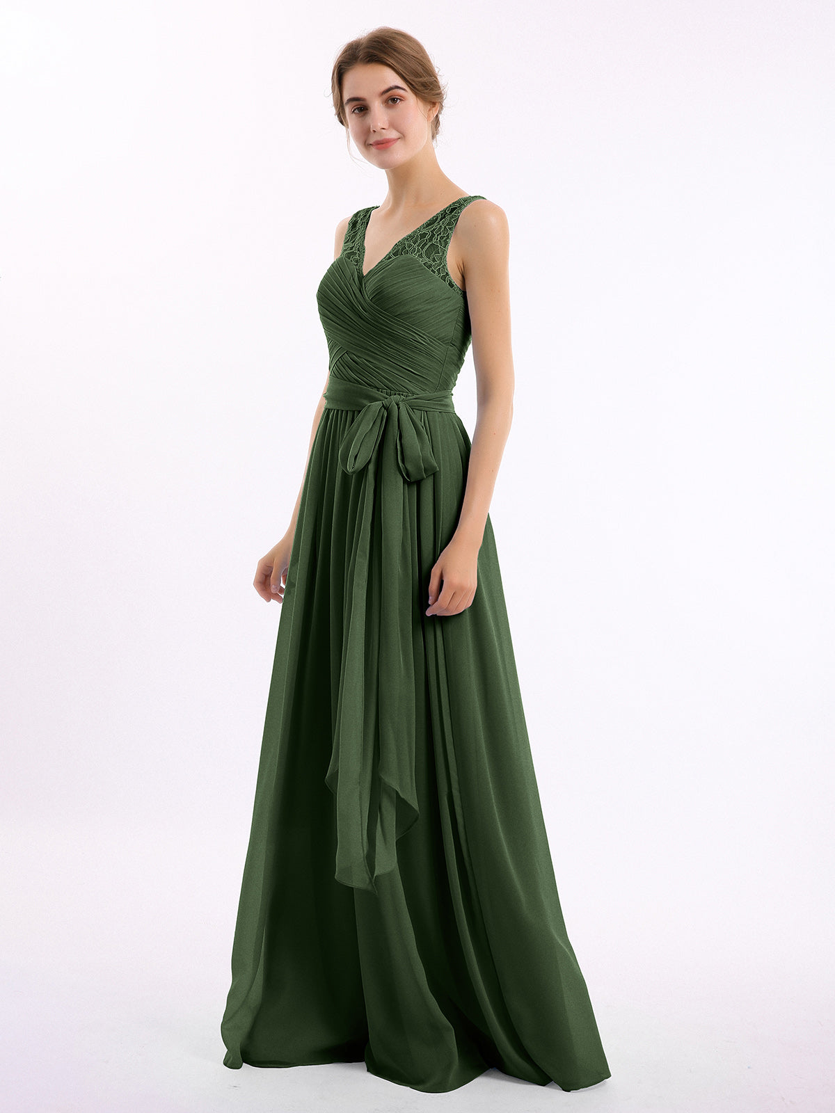 Vestidos largos de chiffon con tirantes de encaje y lazo de cinturón Verde Oliva