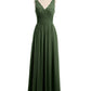 Vestidos largos de chiffon con tirantes de encaje y lazo de cinturón Verde Oliva