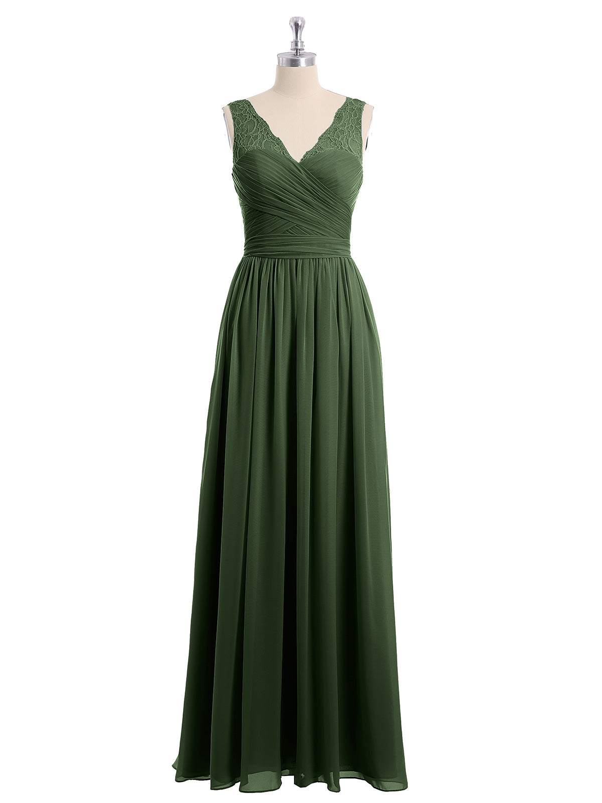 Vestidos largos de chiffon con tirantes de encaje y lazo de cinturón Verde Oliva
