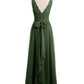 Vestidos largos de chiffon con tirantes de encaje y lazo de cinturón Verde Oliva