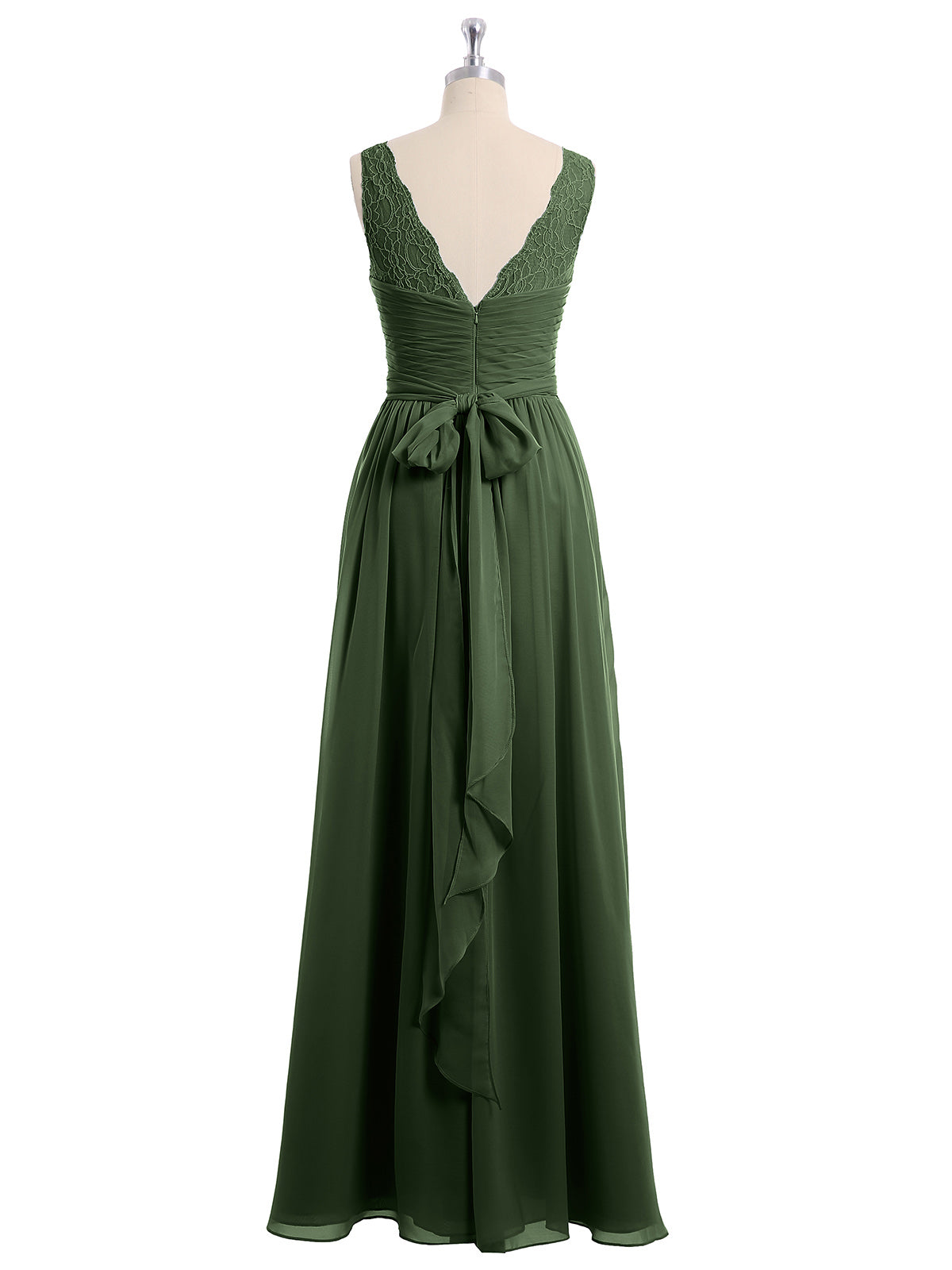 Vestidos largos de chiffon con tirantes de encaje y lazo de cinturón Verde Oliva