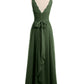 Vestidos largos de chiffon con tirantes de encaje y lazo de cinturón Verde Oliva Tallas Grandes