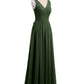 Vestidos largos de chiffon con tirantes de encaje y lazo de cinturón Verde Oliva
