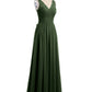 Vestidos largos de chiffon con tirantes de encaje y lazo de cinturón Verde Oliva Tallas Grandes